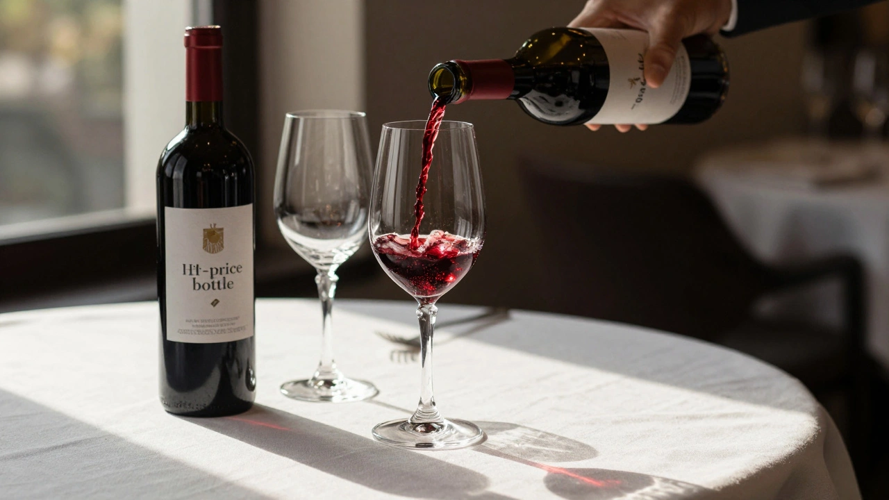 A bottle of red wine and two glasses on a white linen tablecloth in soft afternoon light