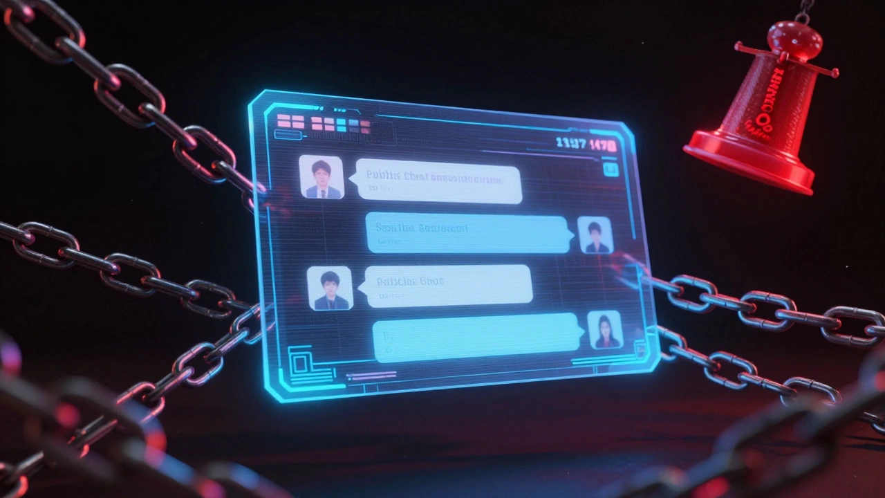 A digital screen with chat messages trapped by metallic chains and a red legal seal.