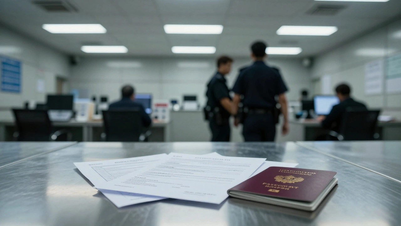 A passport and documents on a metal table in a cold, sterile immigration office.