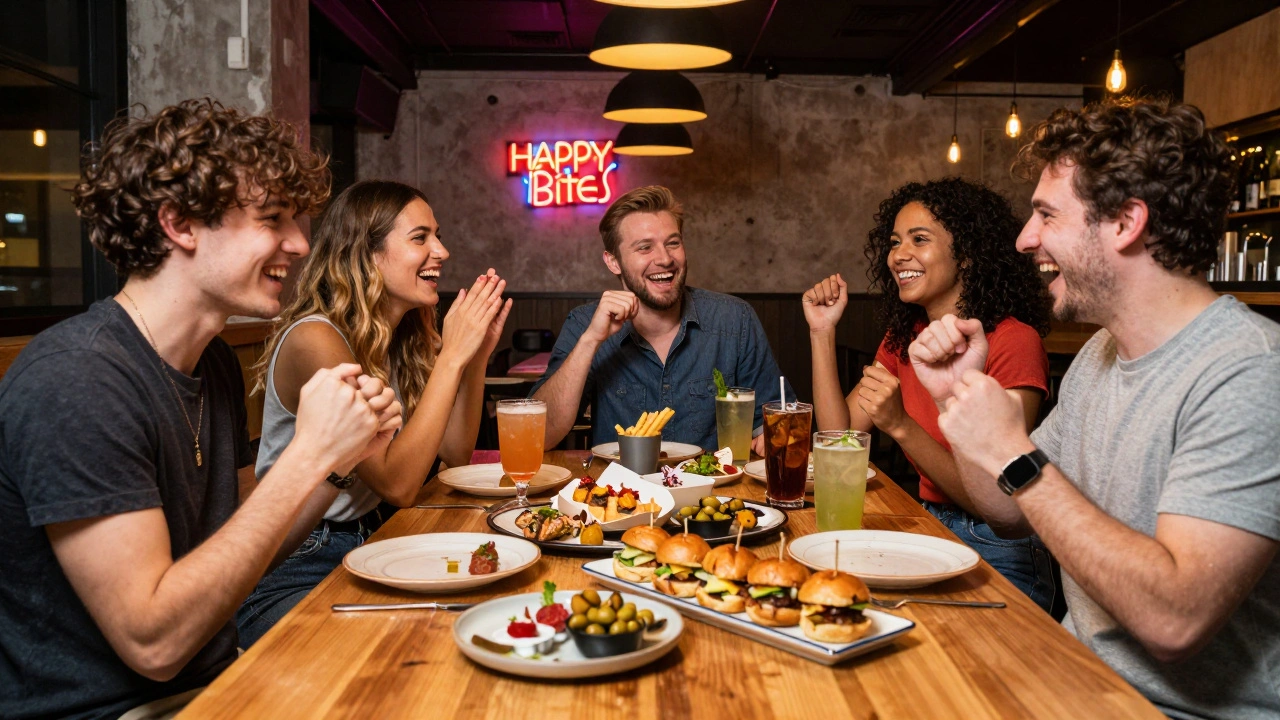 Friends sharing tapas and drinks at a lively urban gastropub during happy hour