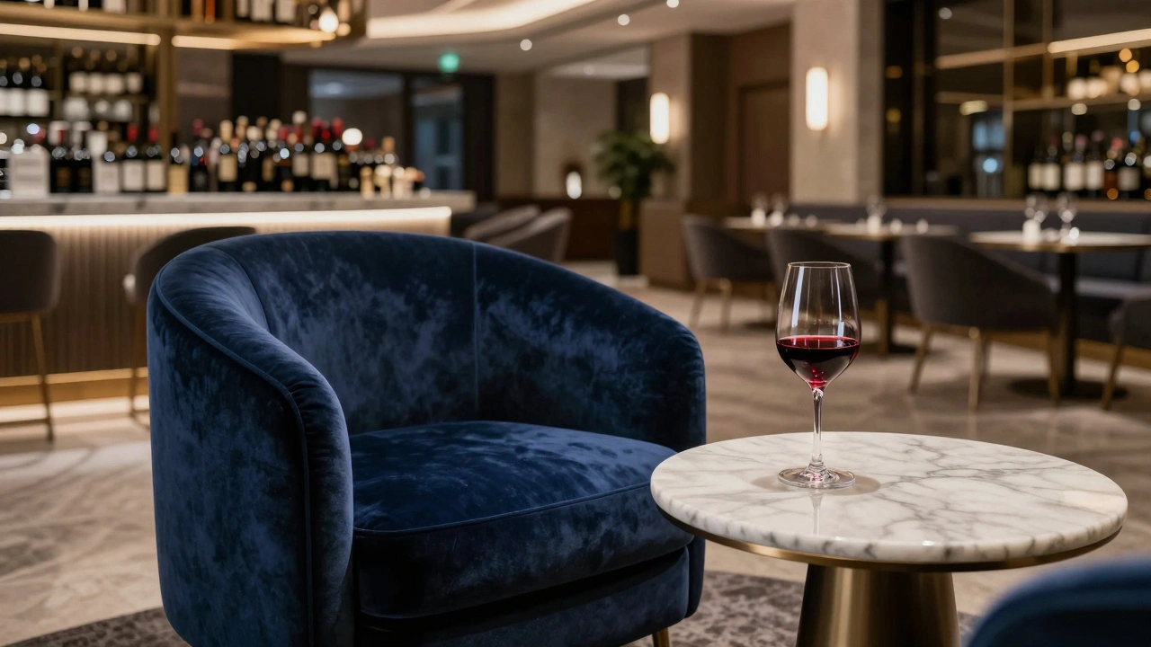 Luxury wine lounge featuring an oversized velvet armchair and a glass of red wine