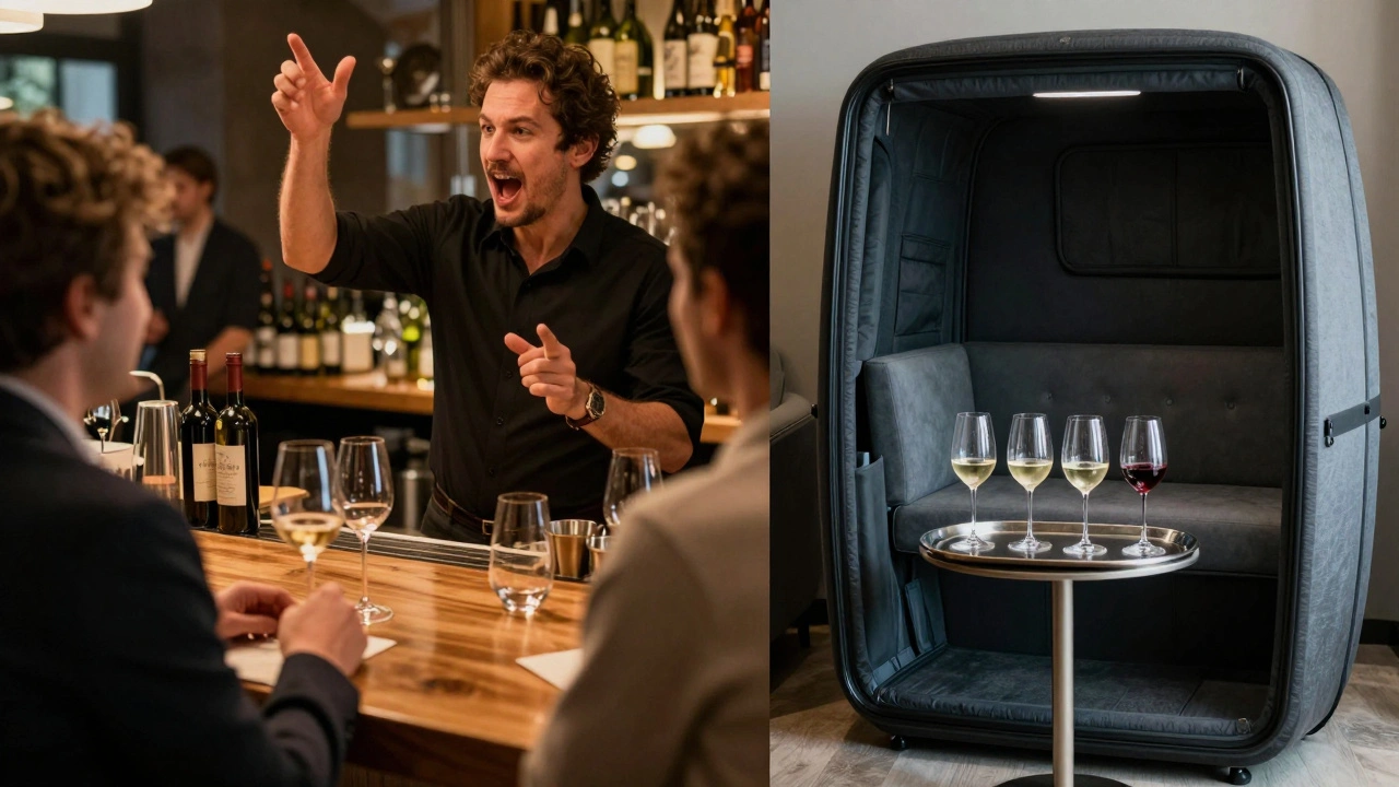 Split screen comparing a social wine bar interaction with a quiet luxury wine lounge